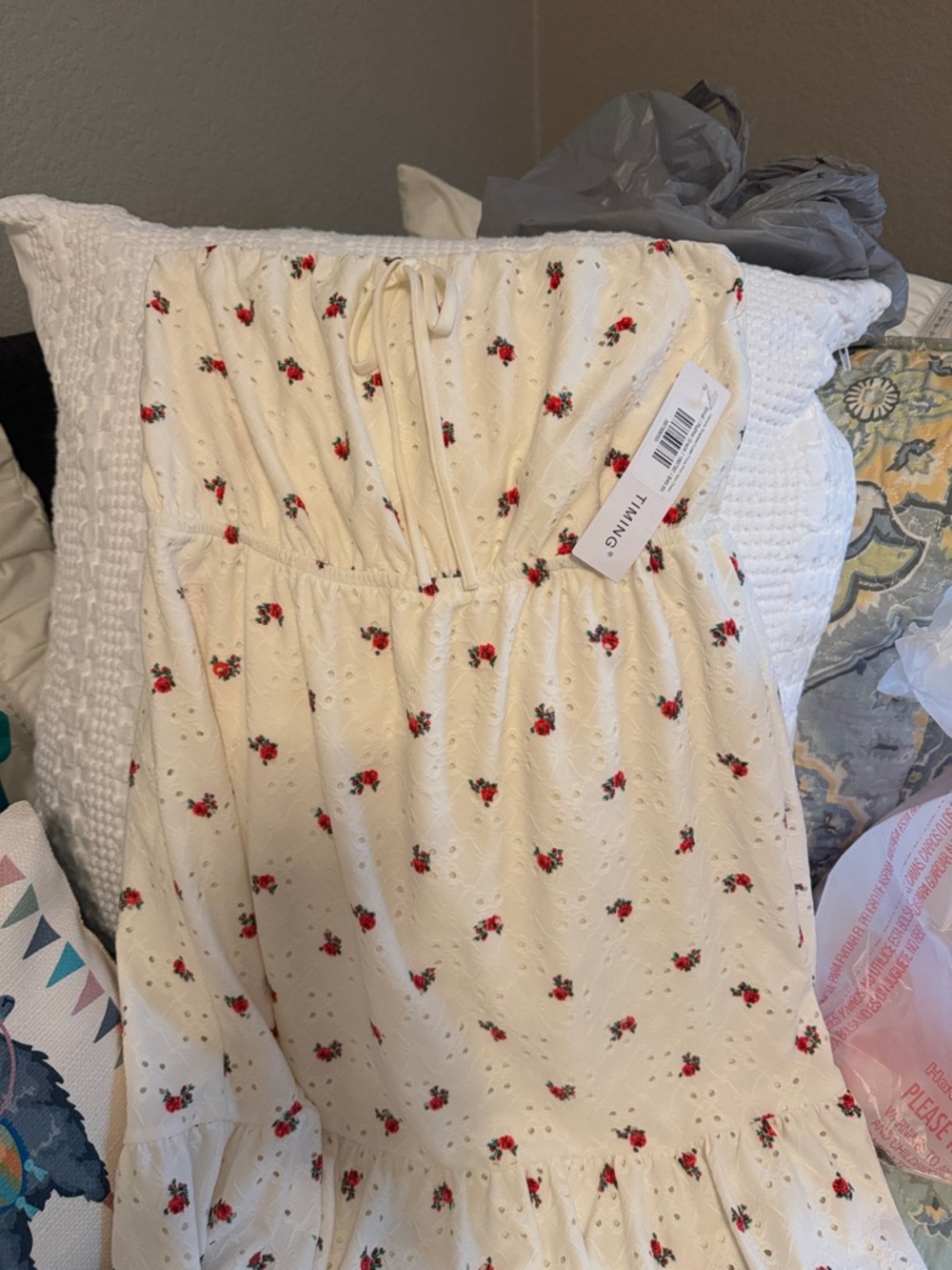 White Eyelet Strapless Summer dress with Red Floral Print